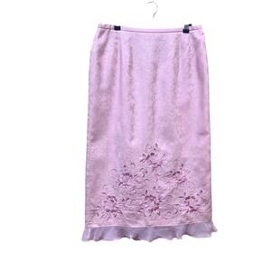 Pink Linen Blend Embroidered Floral Skirt Women's Size 12 Midi with Ruffle Hem
